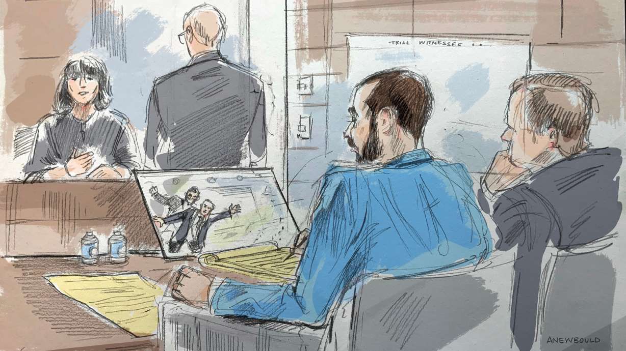 In this courtroom sketch, a witness describes video of an alleged attack on Salman Rushdie by Hadi Matar, in federal court in Buffalo, N.Y., Wednesday. Matar, foreground, is seated with his lawyer's co-council.