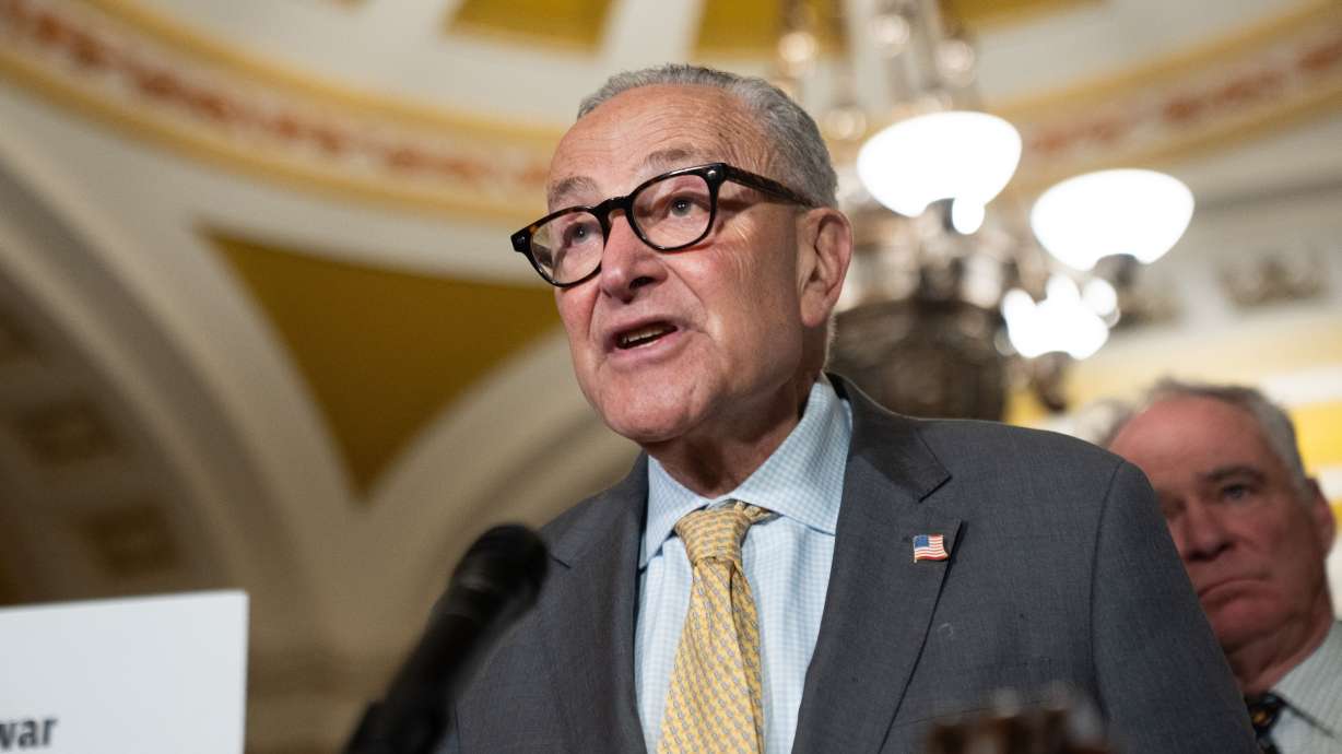 Senate Minority Leader Chuck Schumer, D-N.Y., speaks to reporters following a weekly policy luncheon at the Capitol in Washington, Tuesday. The Senate rejected another war powers resolution on Thursday, though the House passed its own.