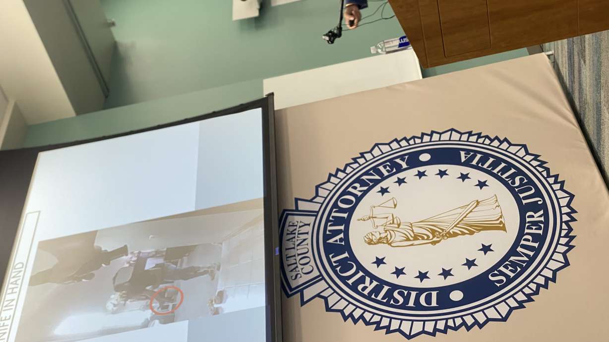 Salt Lake County District Attorney Sim Gill shows body camera video from March 22 of a Sandy man charging at police while armed with a knife. Two officers were determined to be legally justified in fatally shooting Isaac Jesse Watters.