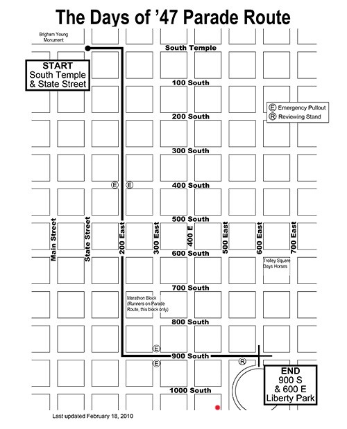 The route of the Days of '47 Parade is pictured here. St. John's Lutheran Church is located just south of 1000 South in Salt Lake City.