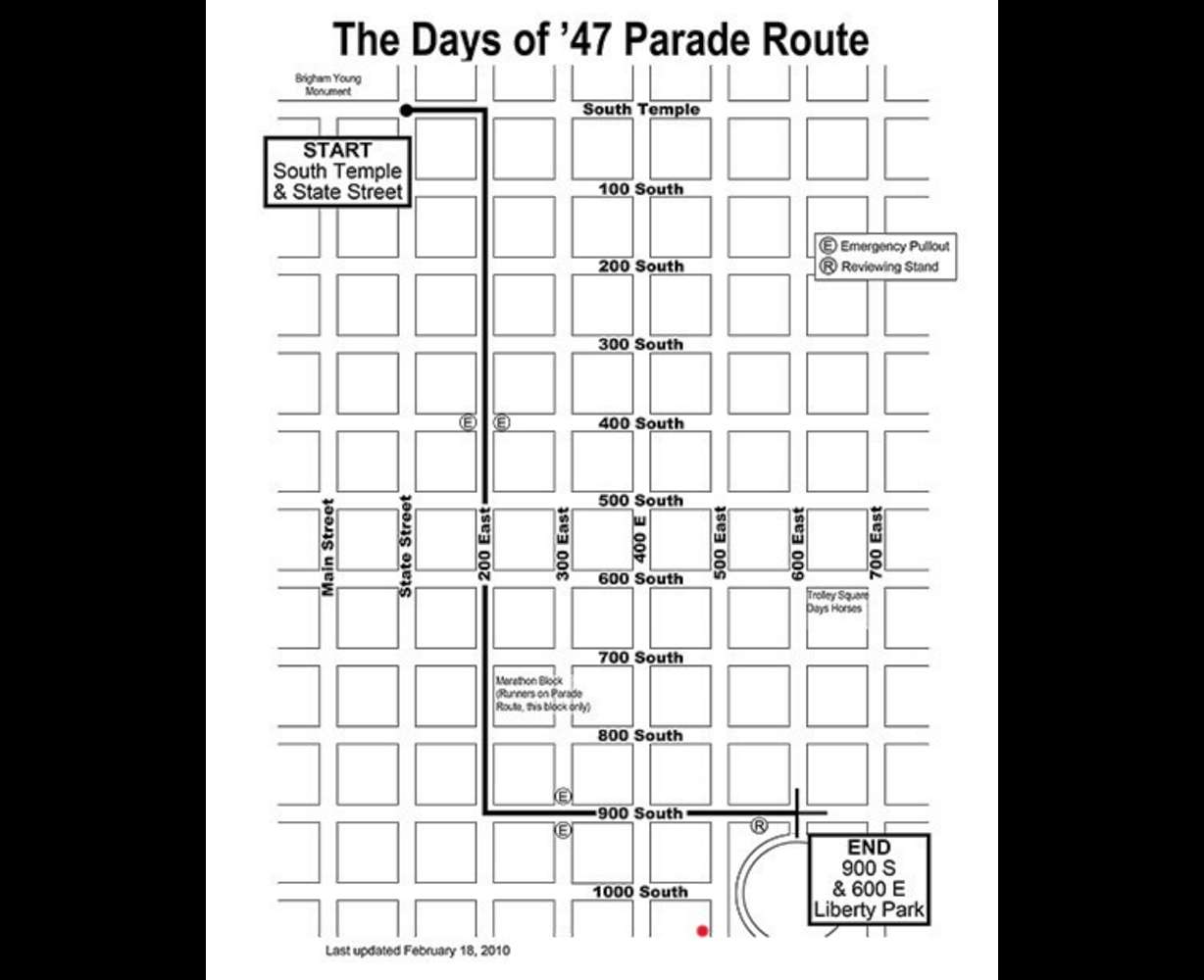 The route of the Days of '47 Parade is pictured here. St. John's Lutheran Church is located just south of 1000 South in Salt Lake City.