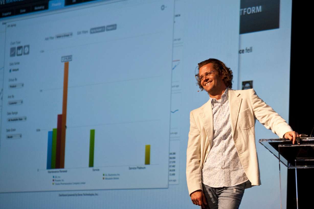Josh James, founder of Omniture, unveils his newest business information venture, Domo, at the launch event at the Grand America Hotel on Wednesday.