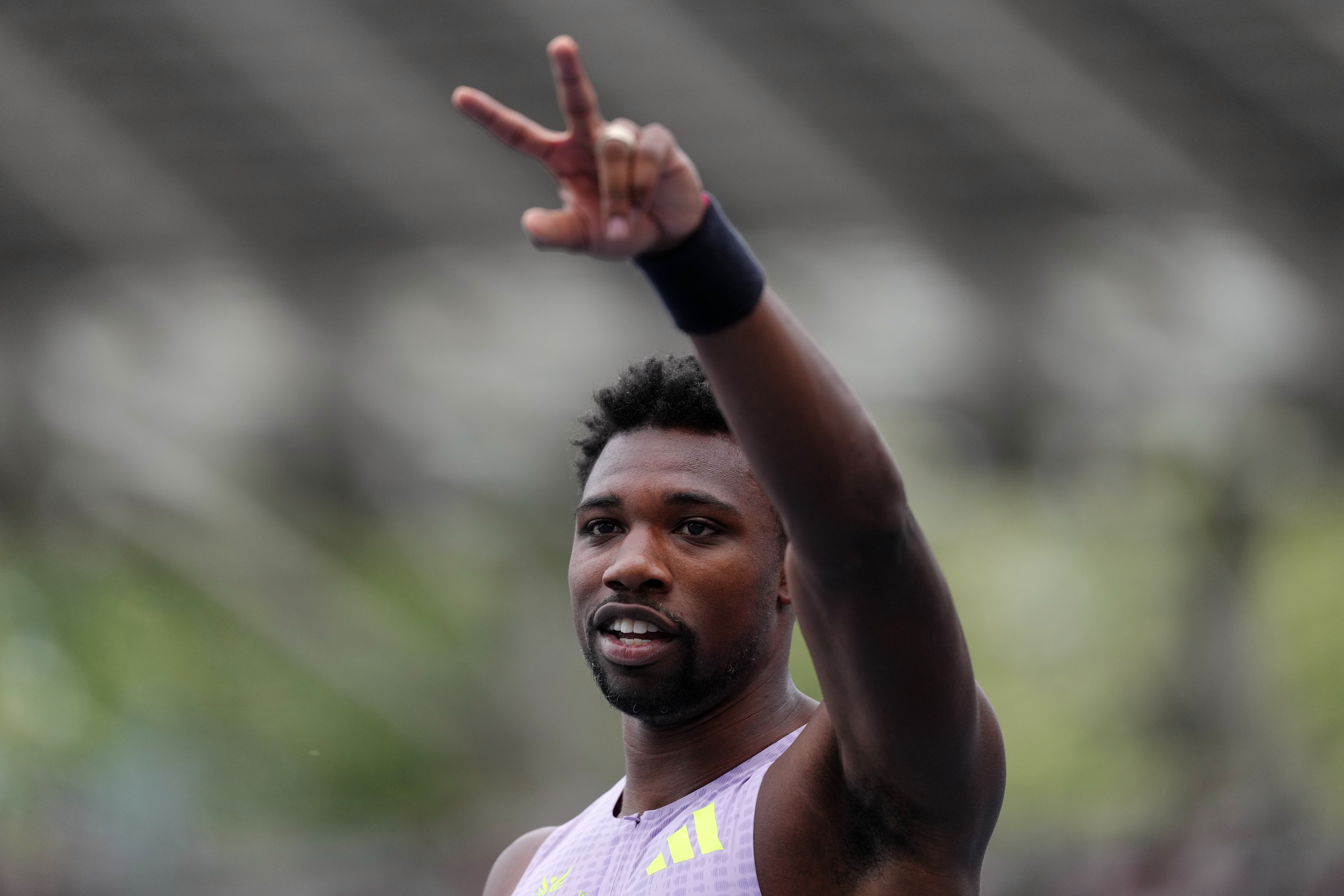 Noah Lyles, of the United States, gestures after finishing second in the men's 100 meters at the Meeting de Paris Diamond League athletics meet in Paris, Sunday, June 28, 2026. 