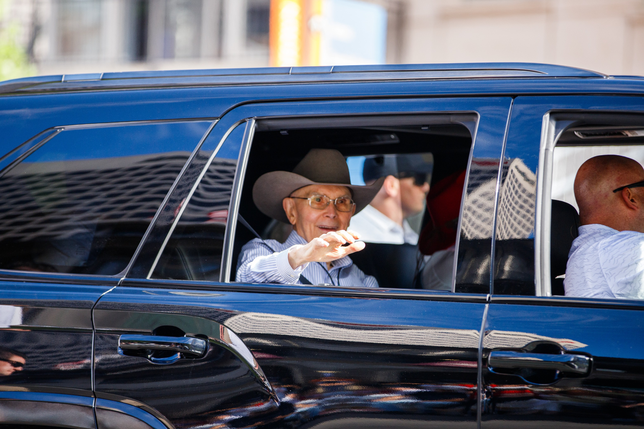 President Dallin H. Oaks participates in the Days of '47 Parade in Salt Lake City on Friday.