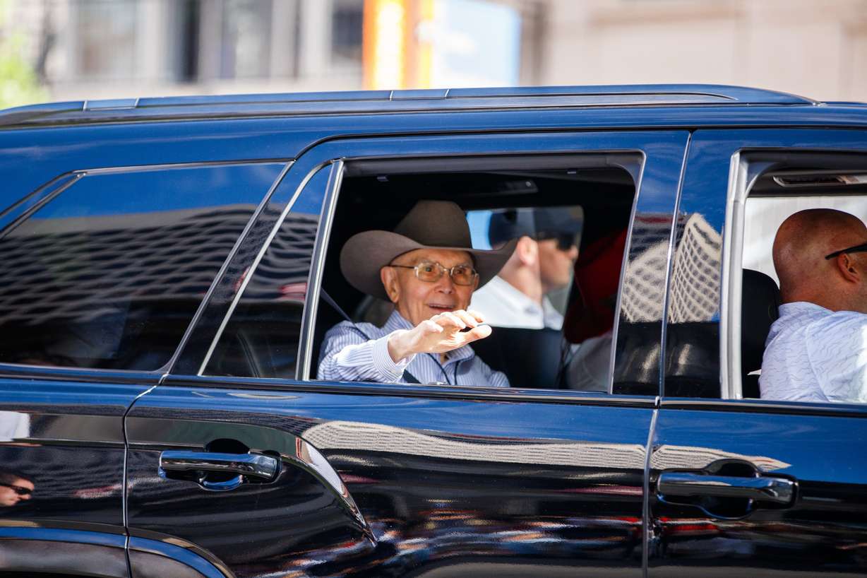 President Dallin H. Oaks participates in the Days of '47 Parade in Salt Lake City on Friday.