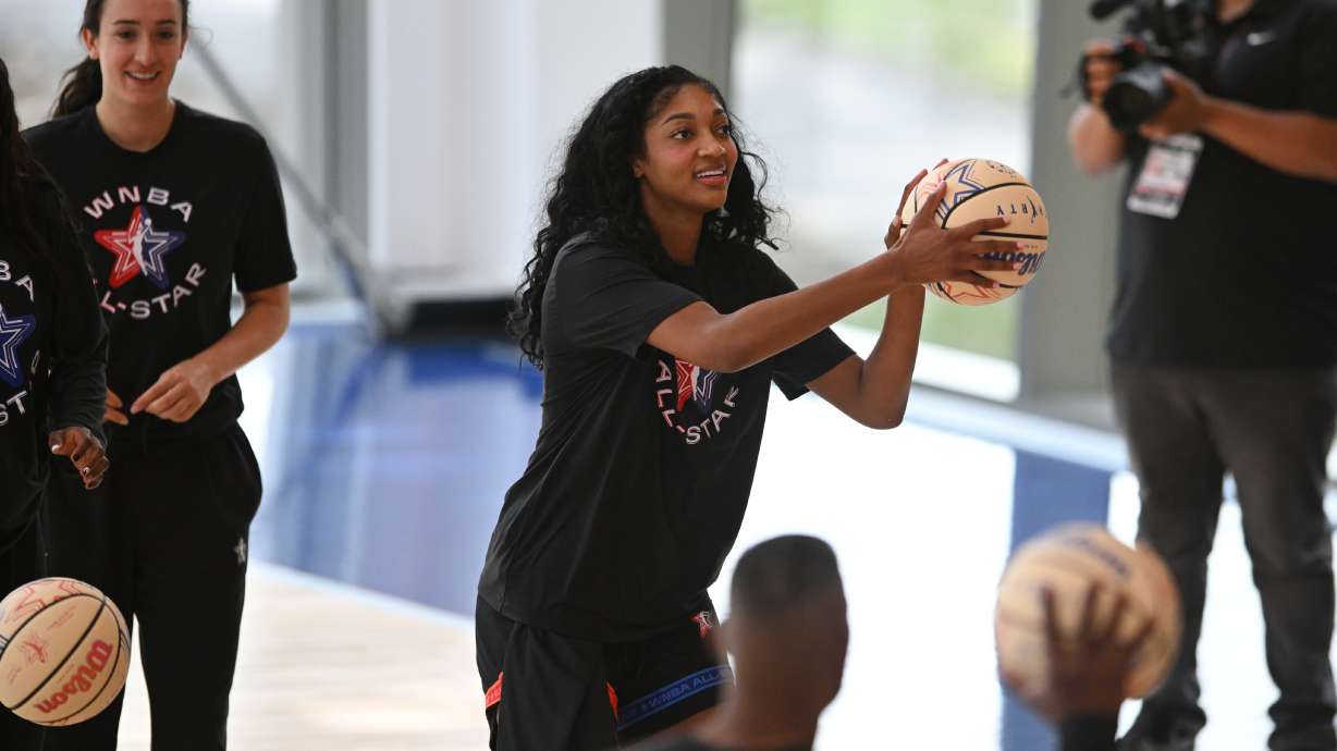 WNBA All Star Angel Reese shoots during practice at the Obama Presidential Center in Chicago, Friday, July 24, 2026.