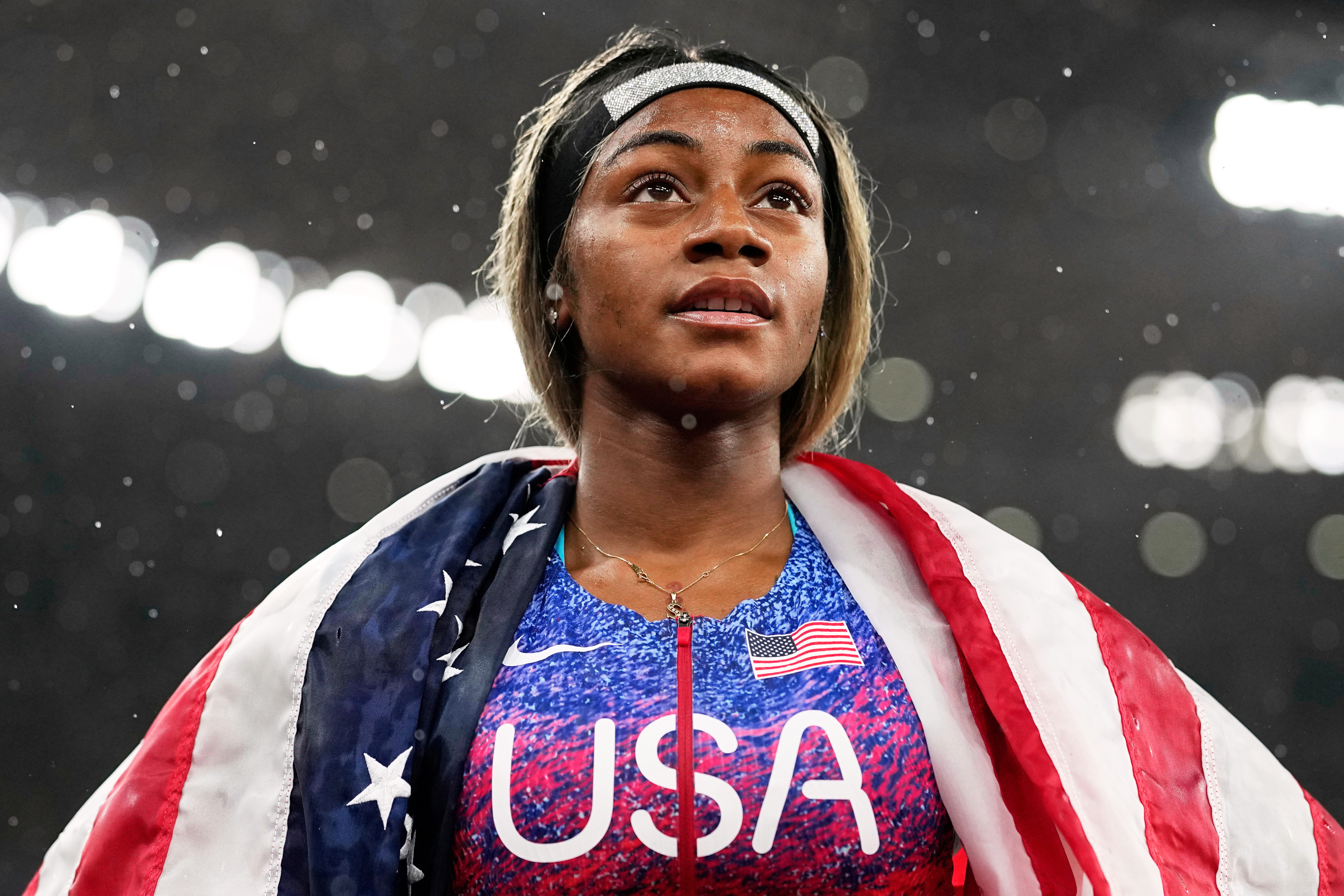 FILE - United States' Sha'Carri Richardson looks on after winning the gold medal in the women's 4 X 100 meters relay at the World Athletics Championships in Tokyo, Sept. 21, 2025. 