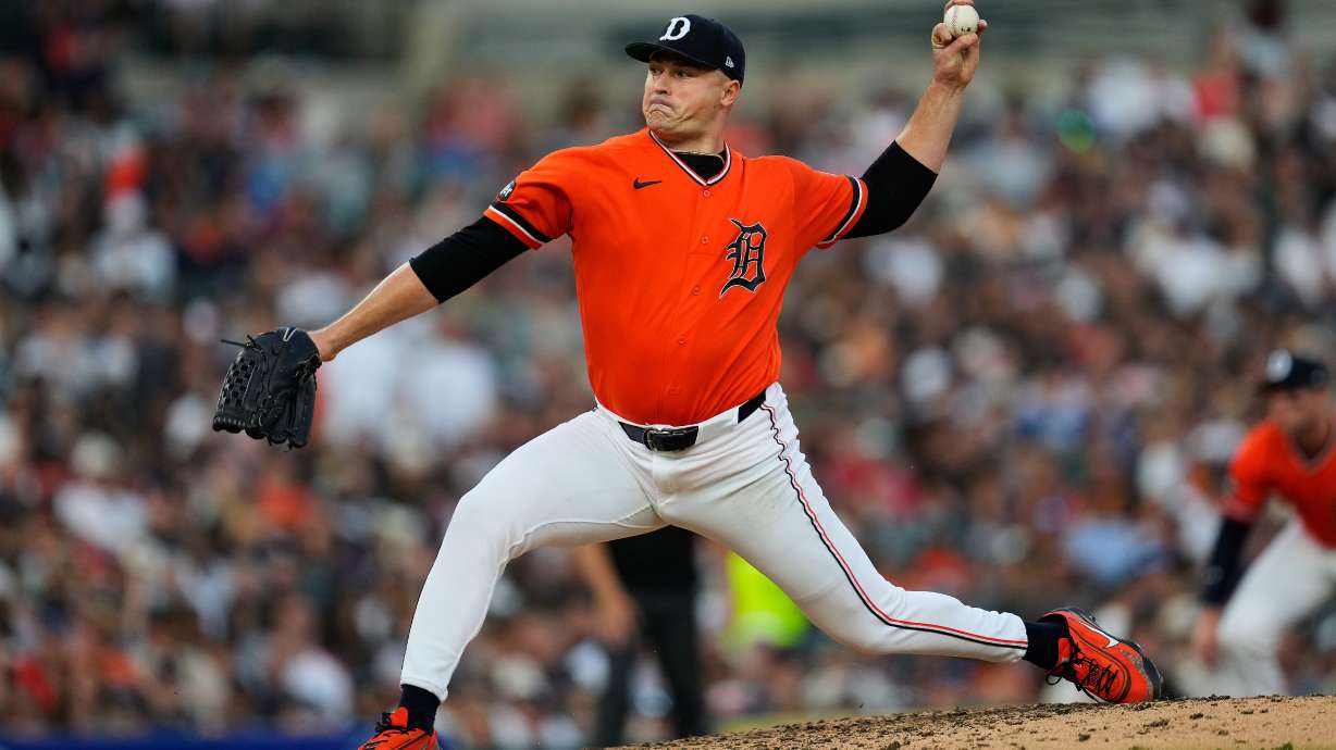 Detroit Tigers pitcher Tarik Skubal throws against the Kansas City Royals during the seventh inning of a baseball game Friday, July 24, 2026, in Detroit.