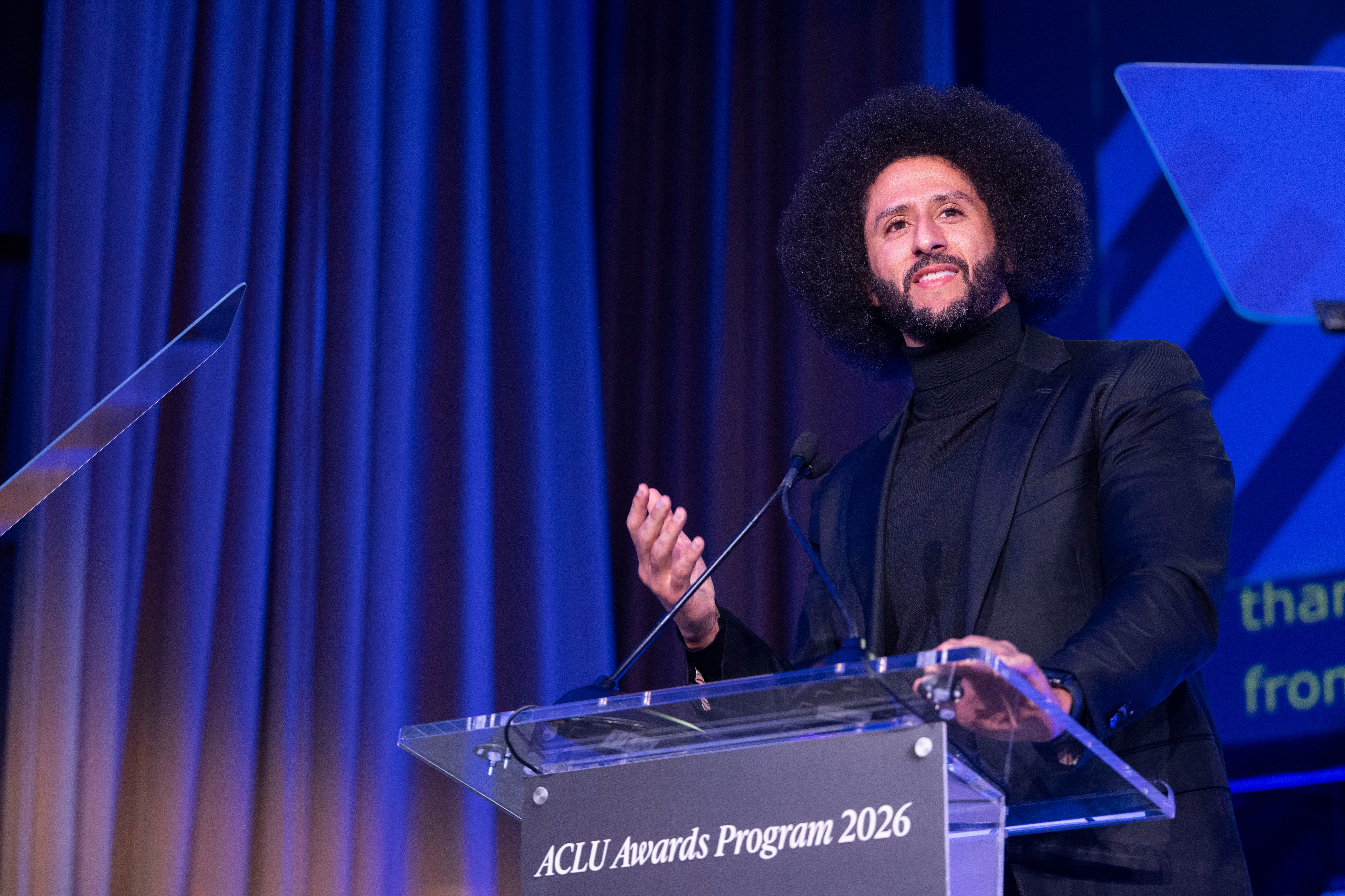 Colin Kaepernick speaks at the ACLU's 2026 Biennial Leadership Conference, Friday, July 24, 2026, in Washington. 