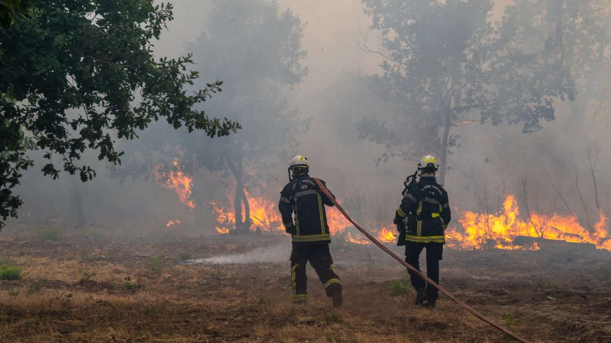 Fiirefighters spray water in a burning forest in the Lège-Cap-Ferret region, western France, on Friday.