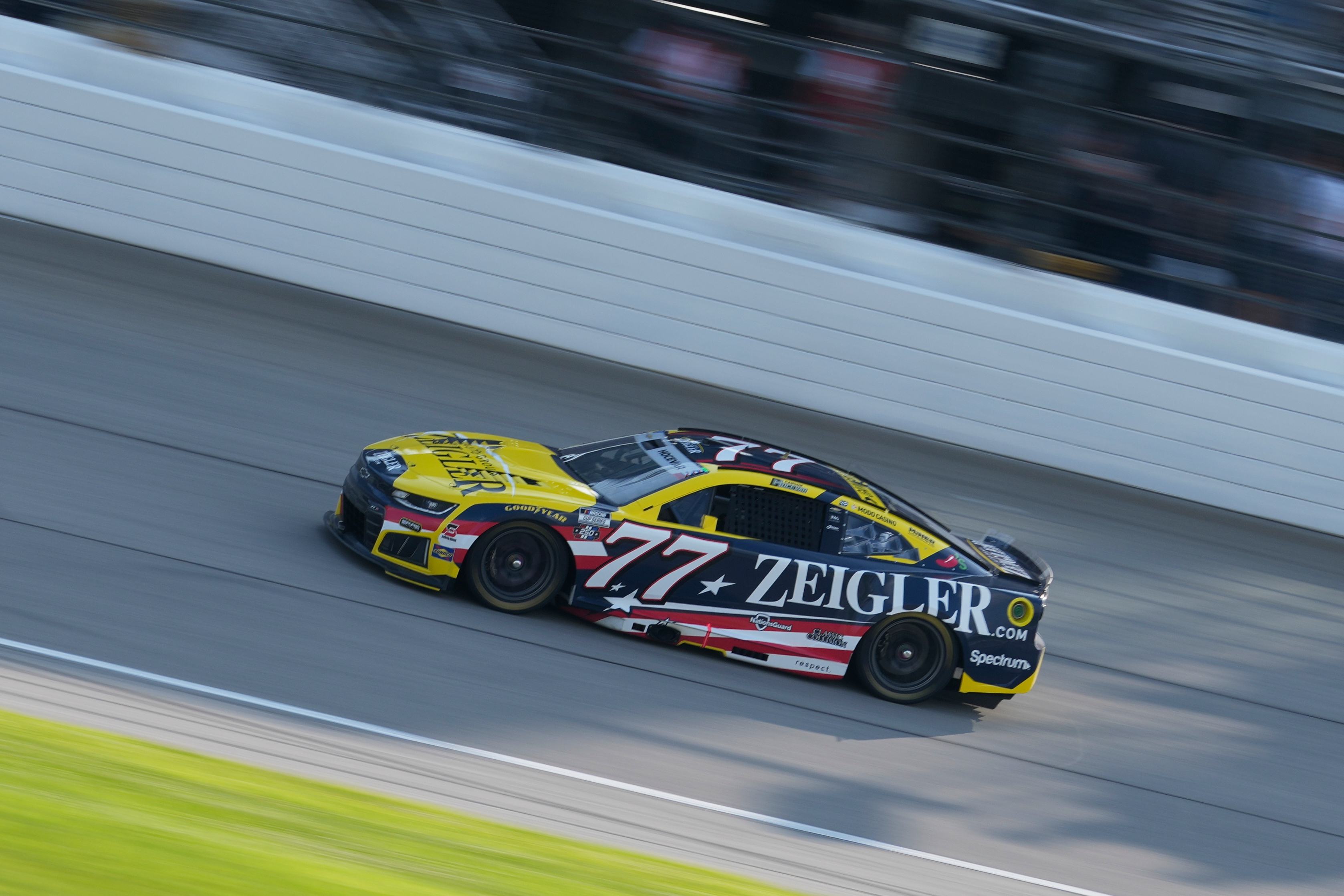 Carson Hocevar (77) drives during a NASCAR Cup Series auto race at Chicagoland Speedway in Joliet, Ill., Sunday, July 5, 2026. 