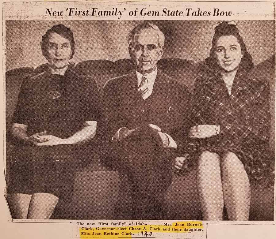 The "first family" of Idaho in 1945, Gov. Chase Clark, flanked by wife Jean Burnett Clark and daughter Jean Bethine Clark. Clark's grandson, Chase Church, believes a disparaging remark that Gov. Clark made about Japanese people cost him reelection.