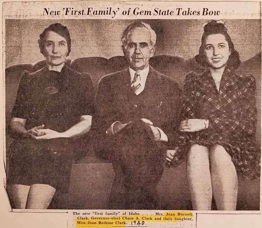 The "first family" of Idaho in 1945, Gov. Chase Clark, flanked by wife Jean Burnett Clark and daughter Jean Bethine Clark. Clark's grandson, Chase Church, believes a disparaging remark that Gov. Clark made about Japanese people cost him reelection.