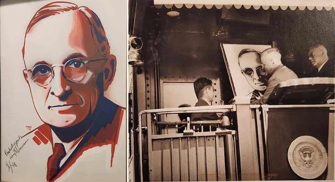 An autographed portrait of President Harry Truman at the Museum of Idaho, and Truman during a stop in Idaho Falls in 1948 with F.M. Bistline, autographing the portrait painted by Fred Ochi, a local Japanese American. Truman notably pardoned 37 Japanese-American men who were incarcerated as draft dodgers in 1947.
