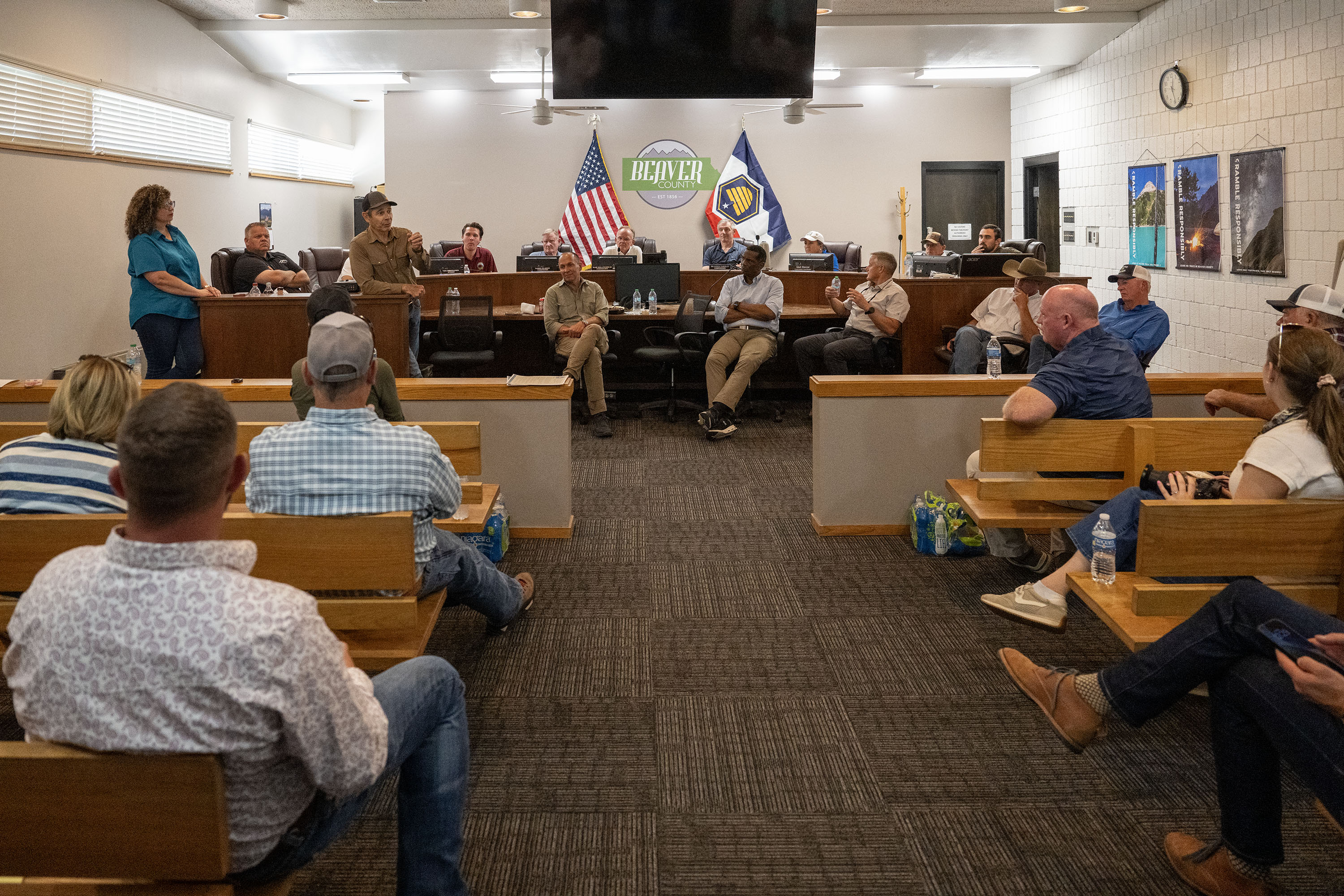 Members of Congress and federal, state, and local officials gather to talk with concerned cattleman in Beaver on Friday. Much of the discussion surrounded better forest management.