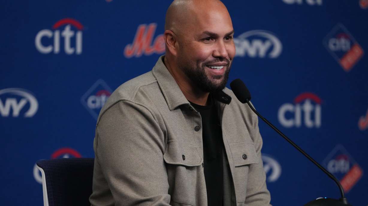 FILE - Carlos Beltran speaks during a news conference before a baseball game between the New York Mets and the Arizona Diamondbacks Tuesday, April 7, 2026, in New York.