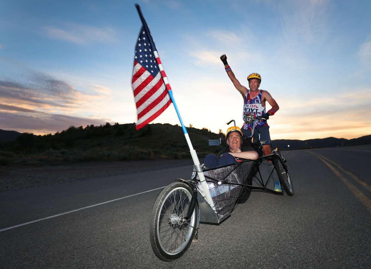Brian Connolly and Danny Connolly compete in the Deseret News Marathon in Emigration Canyon on July 24, 2023. Brian Connolly, who has multiple sclerosis, said marathons like these are his "lifeline."