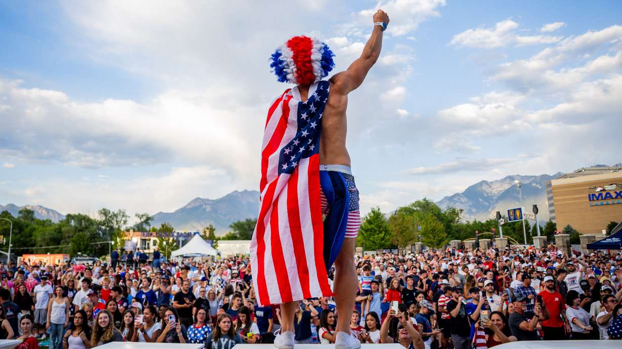Nick Paganelli celebrates at a watch party at America First Field in Sandy on July 1 after the U.S. won a match in the 2026 FIFA World Cup. Utah's Olympic organizers are hoping for the same unity that the World Cup brought.