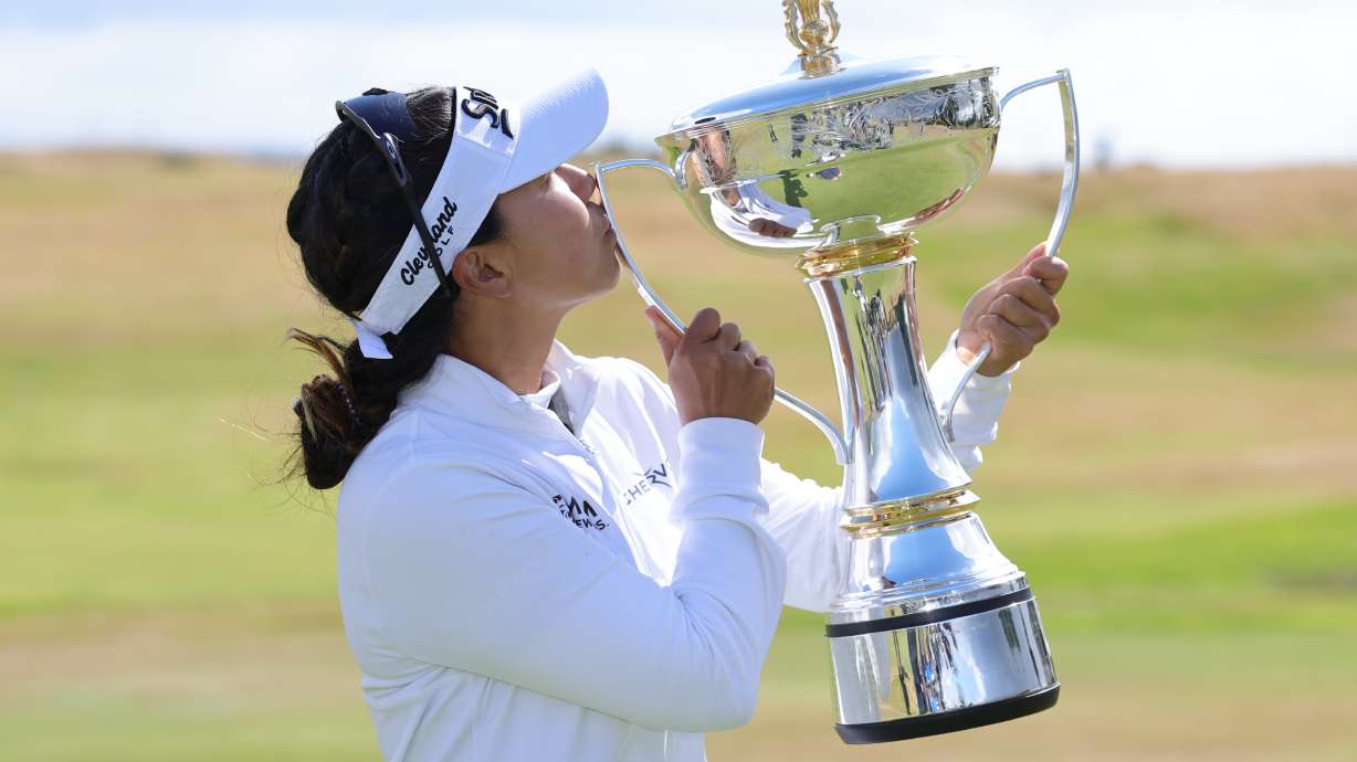 Jenny Shin of South Korea celebrates winning the 2026 ISPS HANDA Women's Scottish Open at Dundonald Links, Ayrshire, Sunday July 26, 2026.