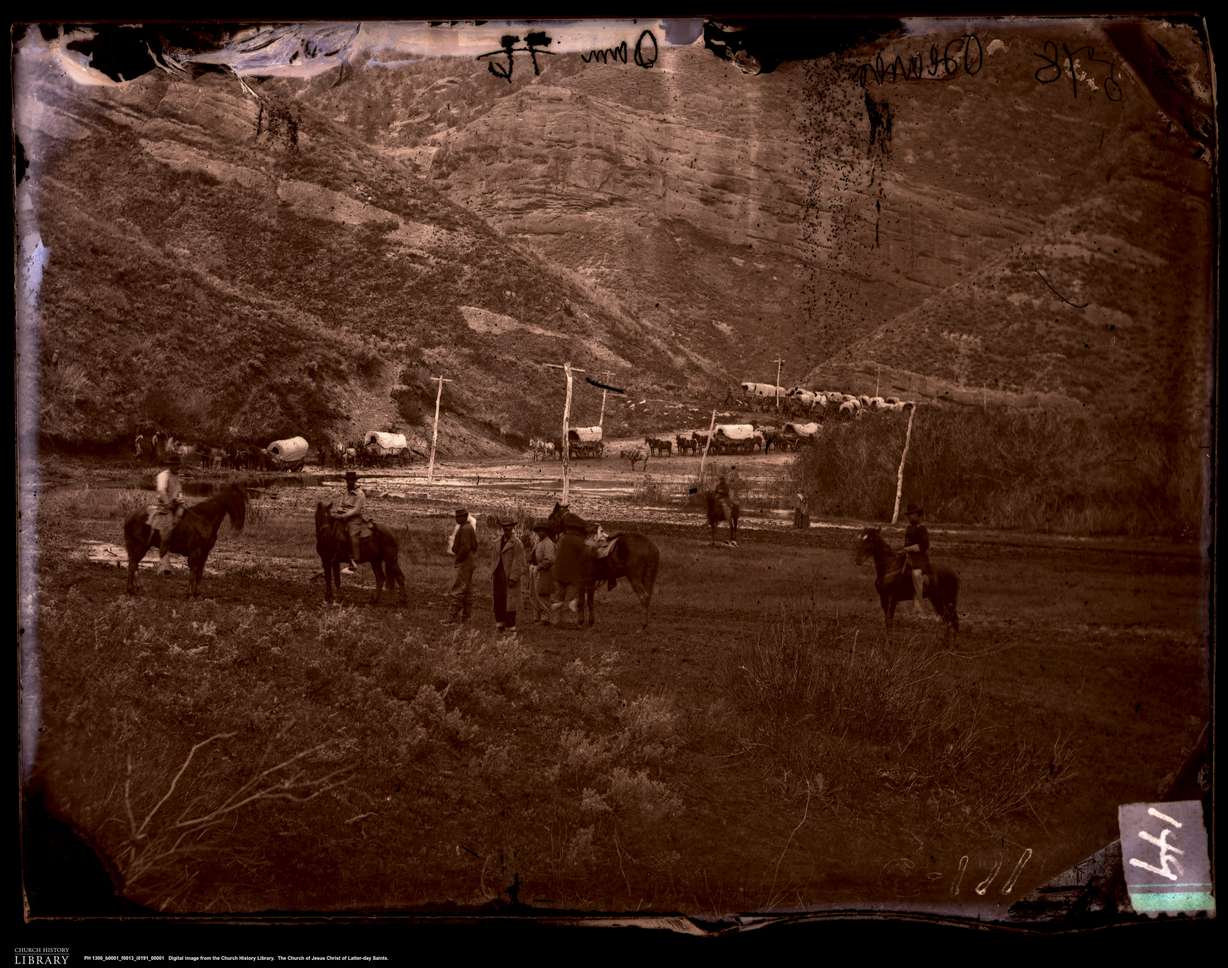 Pioneers travel through what is today Echo Canyon in Summit County, dated approximately 1867.