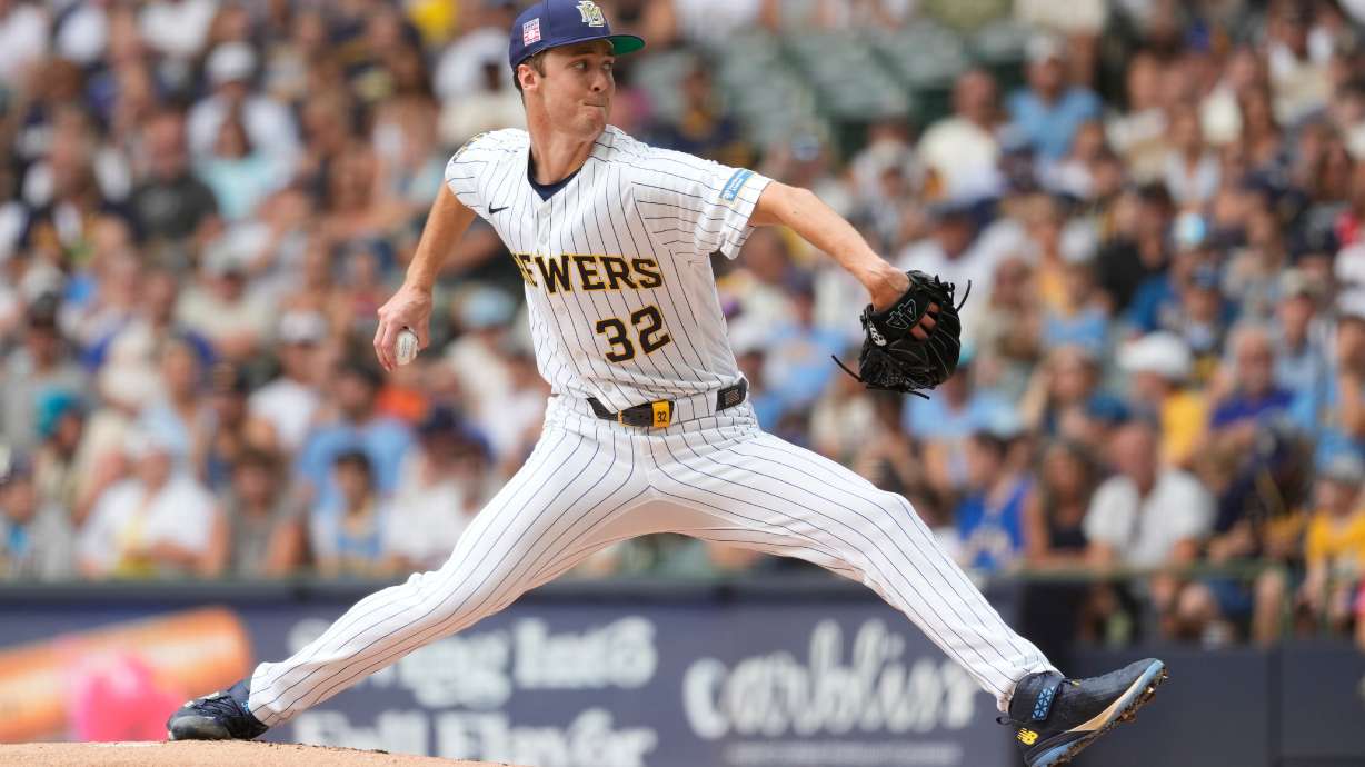 Milwaukee Brewers' Jacob Misiorowski pitches during the first inning of a baseball game against the Colorado Rockies, Sunday, July 26, 2026, in Milwaukee.