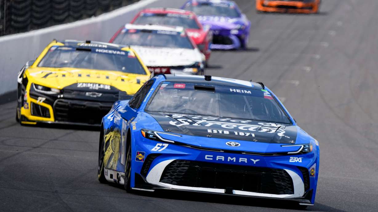 Corey Heim heads into the first turn during the NASCAR Cup Series auto race at Indianapolis Motor Speedway in Indianapolis, Sunday, July 26, 2026.