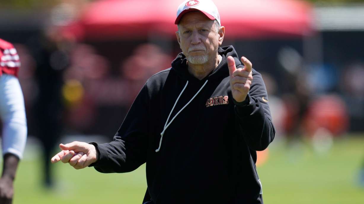 FILE - San Francisco 49ers assistant head coach/offensive line Chris Foerster gestures during the NFL football team's rookie minicamp Friday, May 8, 2026, in Santa Clara, Calif.