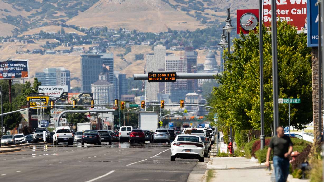 Heat distortion is seen on State Street in Salt Lake City on July 21, 2023. The National Weather Service in Salt Lake City has excessive heat warnings or heat advisories in place through much of the state.