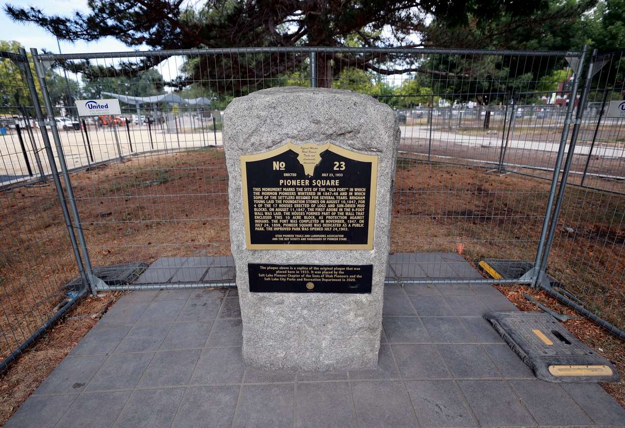 A Pioneer Square plaque is pictured at Pioneer Park in Salt Lake City on Wednesday, July 15.
