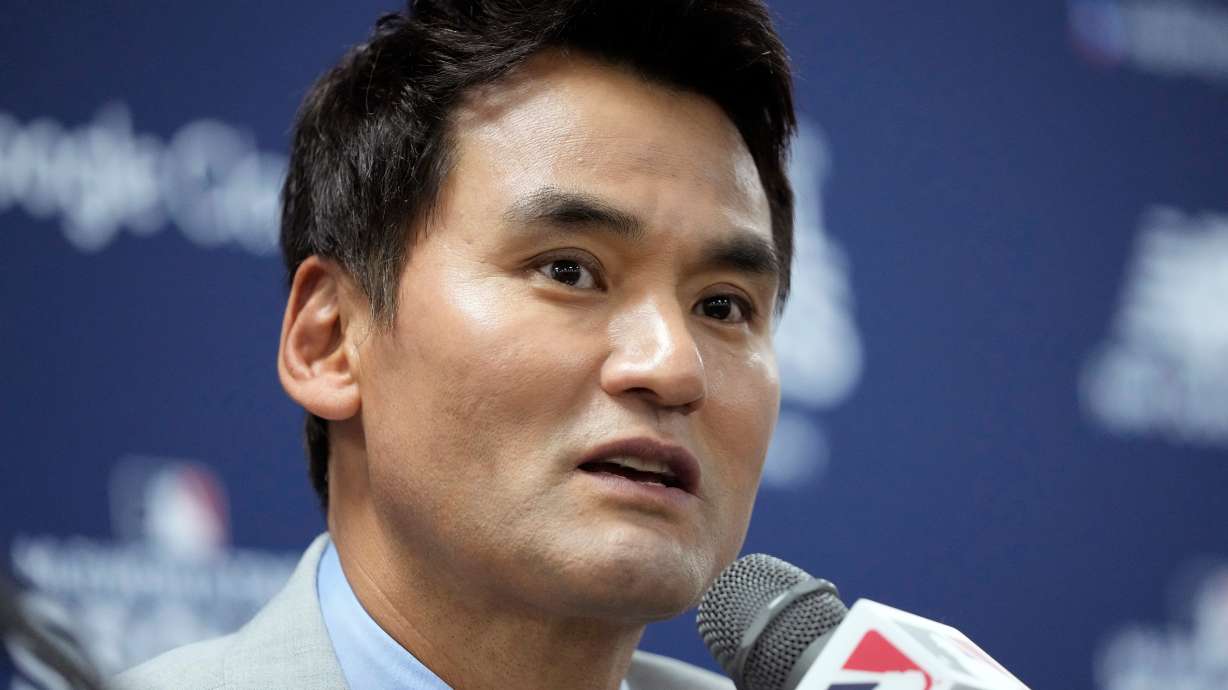FILE - Former Los Angeles Dodgers pitcher Chan Ho Park speaks during a press conference at the Gocheok Sky Dome ahead of a game between the Los Angeles Dodgers and the San Diego Padres for the MLB World Tour Seoul Series in Seoul, South Korea, on March 20, 2024.