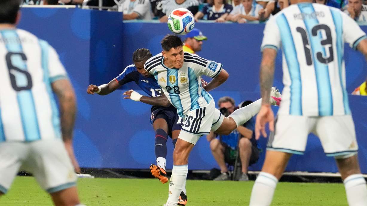 Cape Verde's Sidny Lopes Cabral (13) shoots and scores a goal past Argentina's Nahuel Molina (26) during the World Cup round of 32 soccer match between Argentina and Cape Verde in Miami Gardens, Fla., Friday, July 3, 2026.