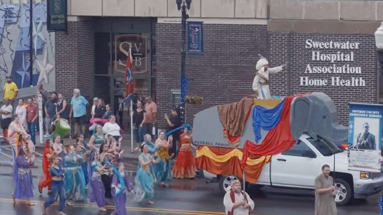 A group of people gathered in Sweetwater, Tennessee to recreate the Prince Ali parade from Disney's Aladdin.