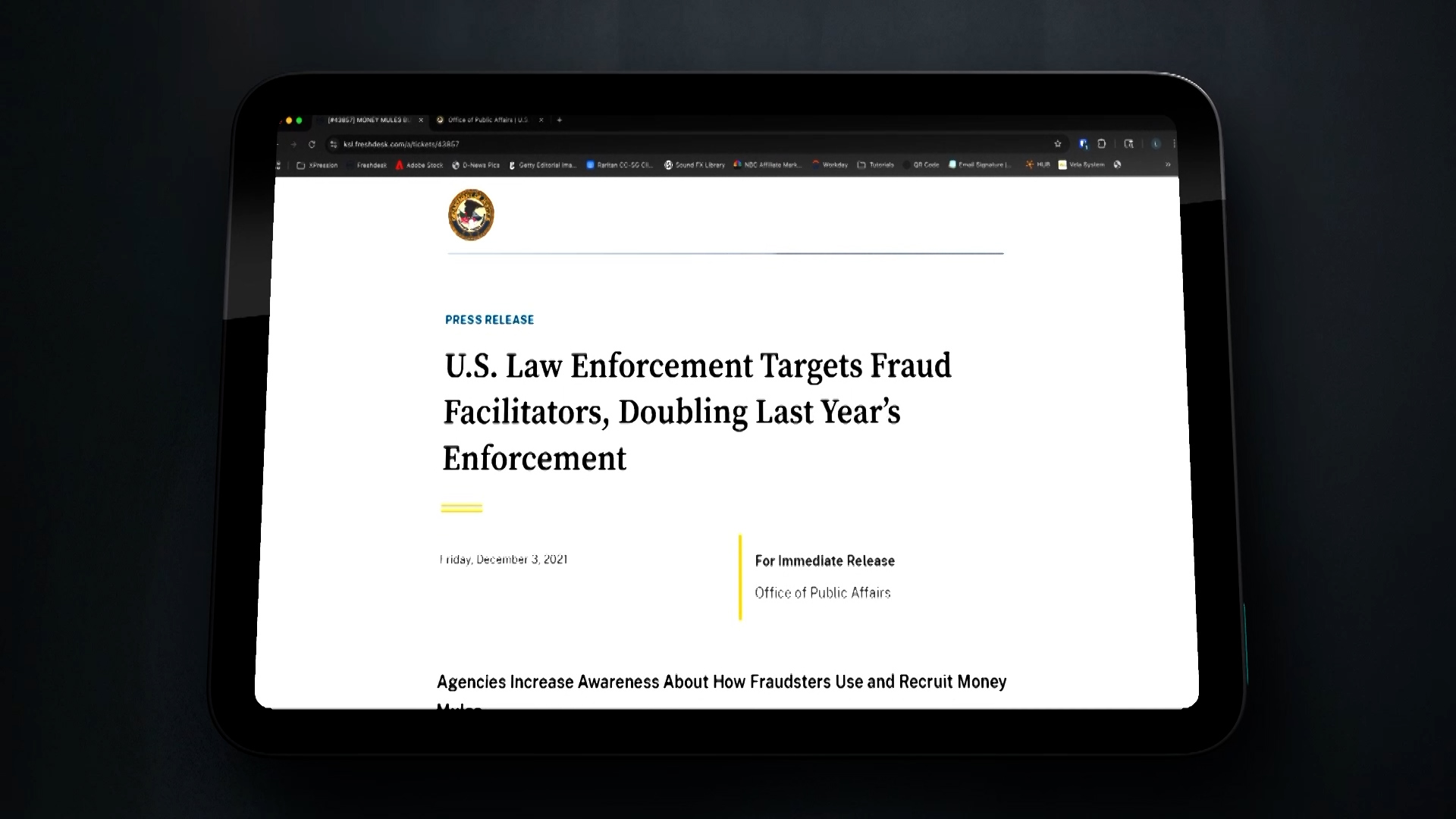 A U.S. Department of Justice report details a nationwide enforcement effort targeting suspected “money mules” who receive and transfer illicit funds.