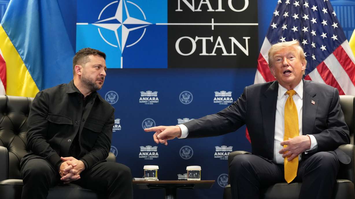 President Donald Trump meets with Ukraine's President Volodymyr Zelenskyy on the sidelines of the NATO summit in Ankara, Turkey, July 8. Trump and Zelenskyy will meet prior to Sen. Lindsey Graham's funeral on Tuesday.