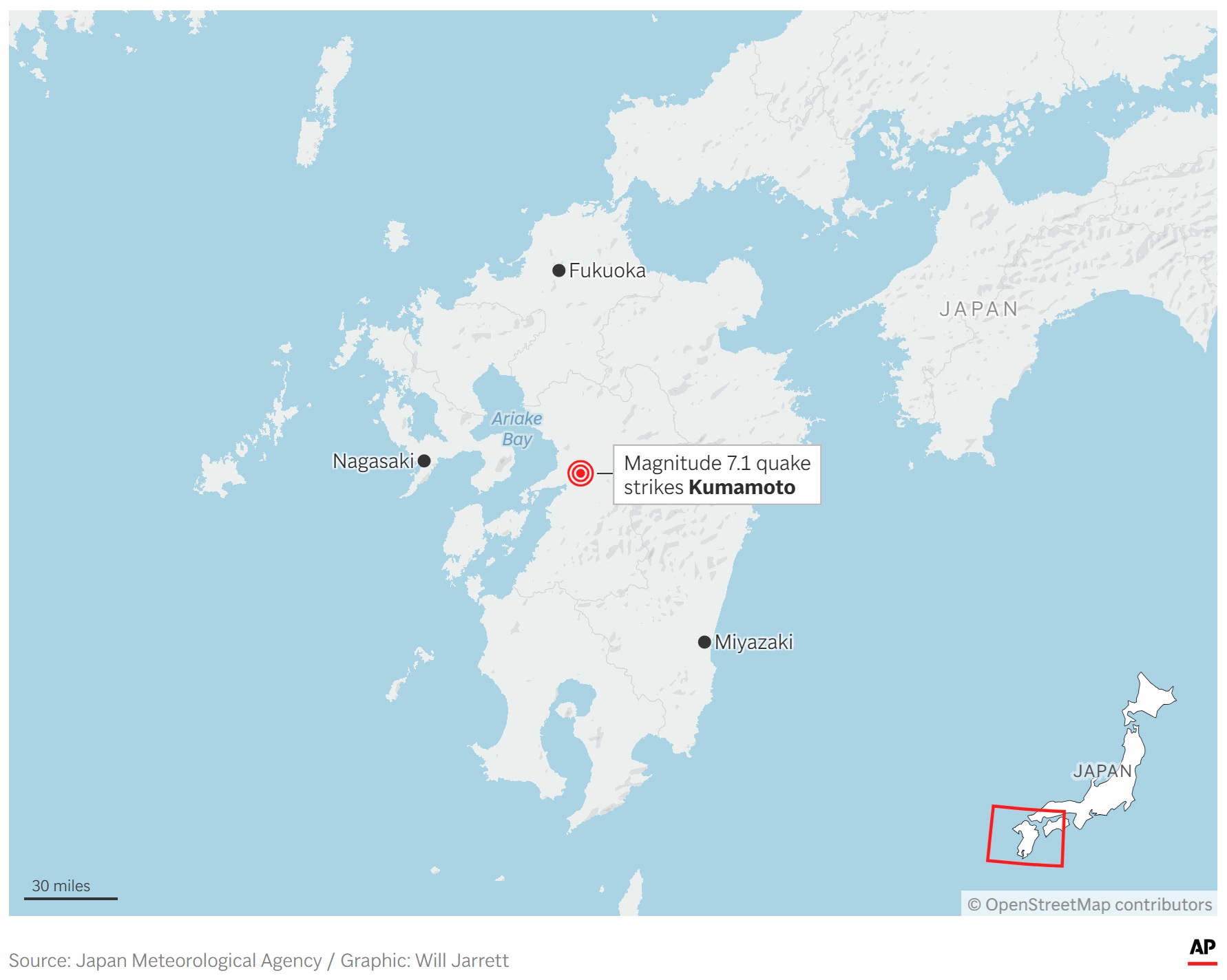 A map showing the location of an earthquake in southern Japan.