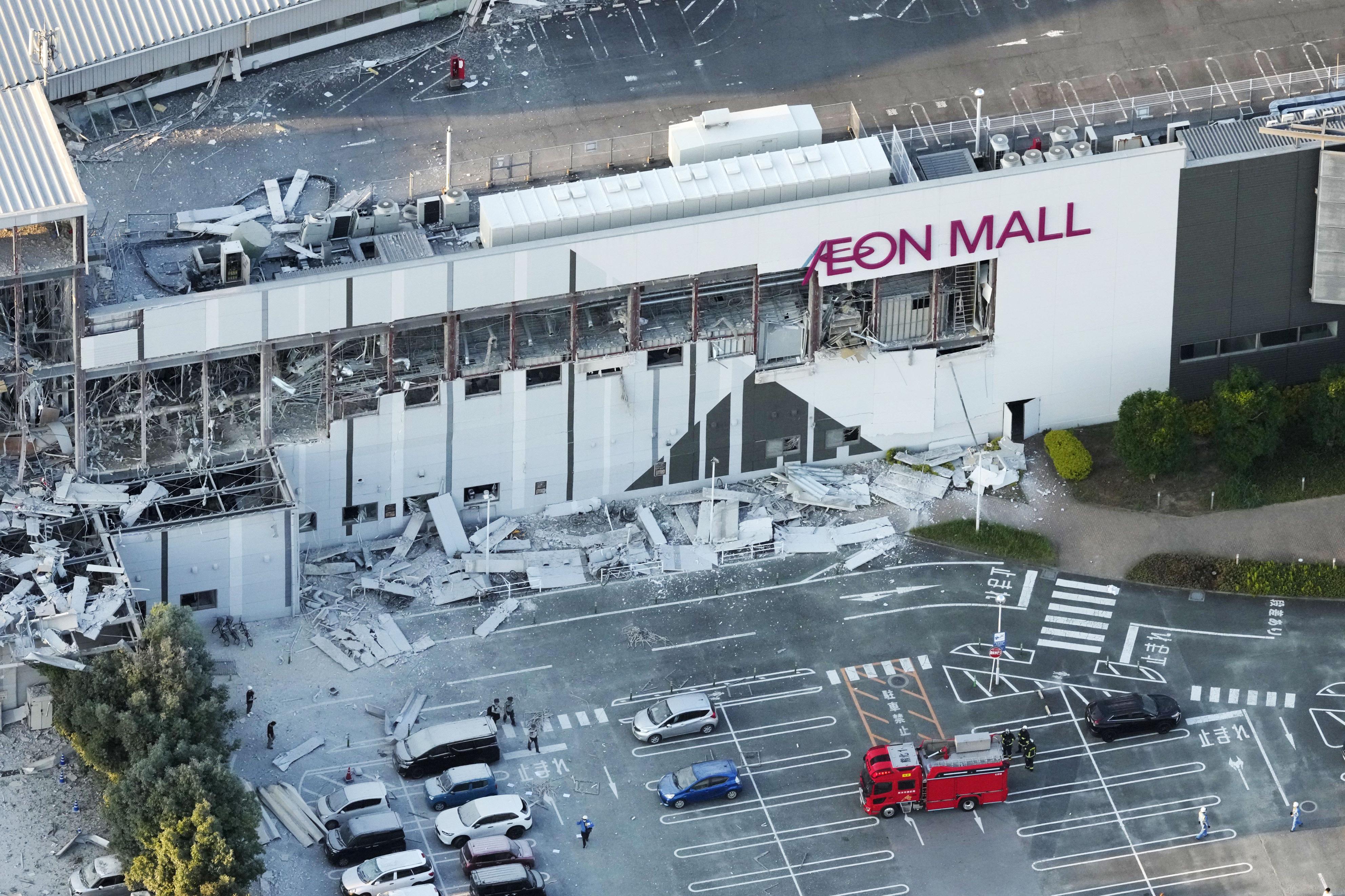 This aerial image shows the damaged AEON Mall after an earthquake in Kashima, Kumamoto prefecture, southern Japan, on Tuesday.