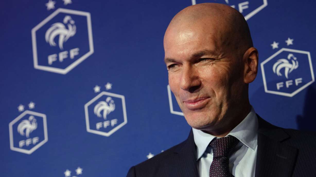 Zinedine Zidane, newly appointed coach of the France national soccer team, attends a media conference at the headquarters of French Football Federation headquarters in Paris, Tuesday, July 28, 2026.