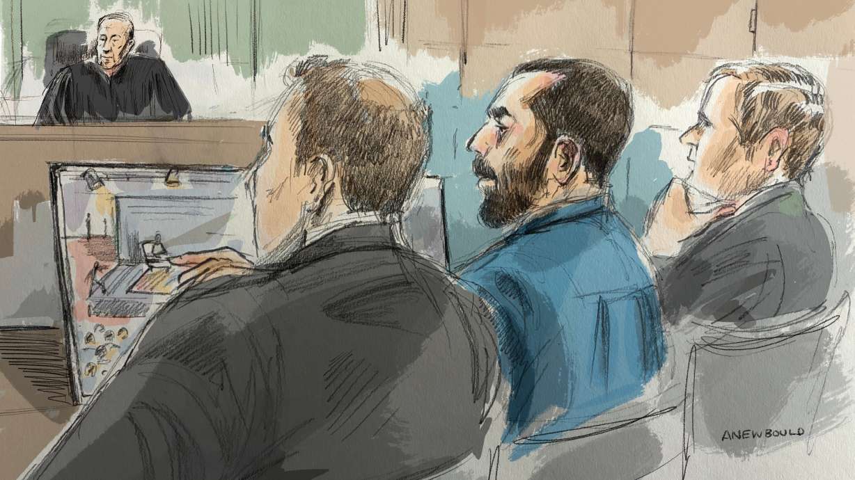 In this courtroom sketch, Hadi Matar sits in federal court during his terrorism trial for his alleged attack on Salman Rushdie, July 22, in Buffalo, N.Y. Matar declined to testify in his federal trial, which will head to the jury as soon as Wednesday.