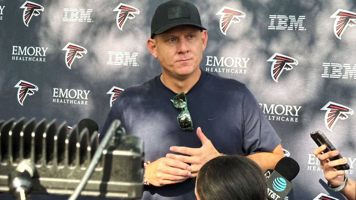 Veteran kicker Nick Folk, 41, speaks with reporters at the Atlanta Falcons practice facility in Flowery Branch, Georgia, Tuesday, July 28, 2026, before the team's first practice of training camp on Wednesday.