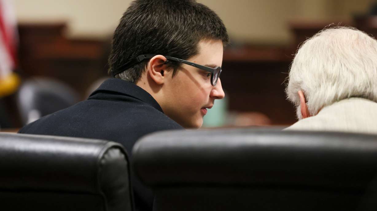 Colt Gray, the 16-year-old Apalachee High School shooting suspect, talks with his defense attorney Charlton Allen during his sentencing at Barrow County Superior Court, Monday, in Winder, Ga. Gray was sentenced to life in prison on Tuesday.