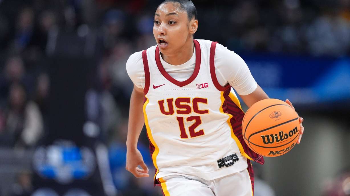 FILE - Southern California guard JuJu Watkins (12) plays against UCLA during the first half of an NCAA college basketball game in the championship of the Big Ten Conference tournament in Indianapolis, Sunday, March 9, 2025.