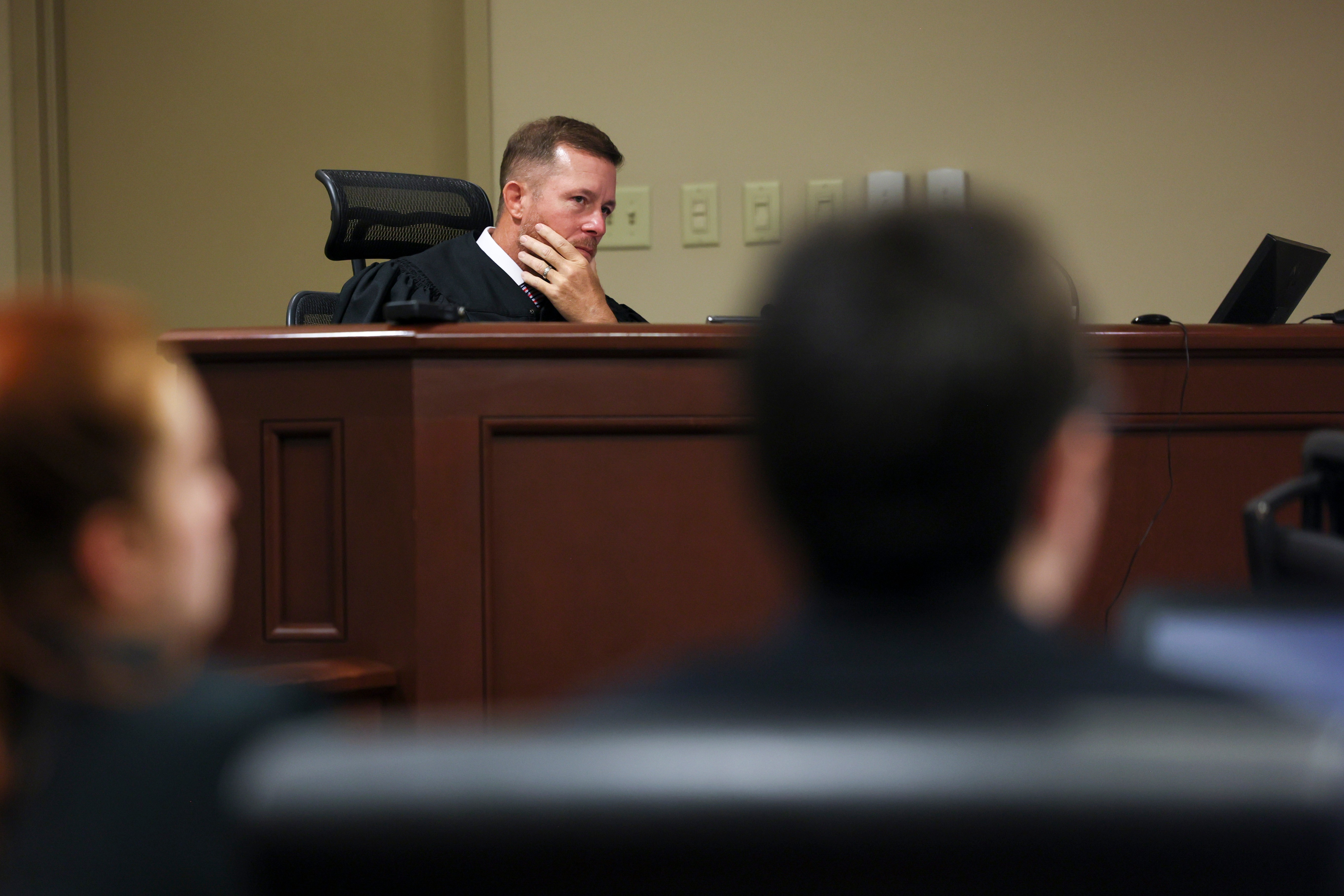 Judge Nicholas Primm during the sentencing for Colt Gray, the 16-year-old Apalachee High School shooting suspect, at Barrow County Superior Court, Monday, in Winder, Ga. Primm said while society and family may have failed Gray, it did not absolve Gray from he chose to become.