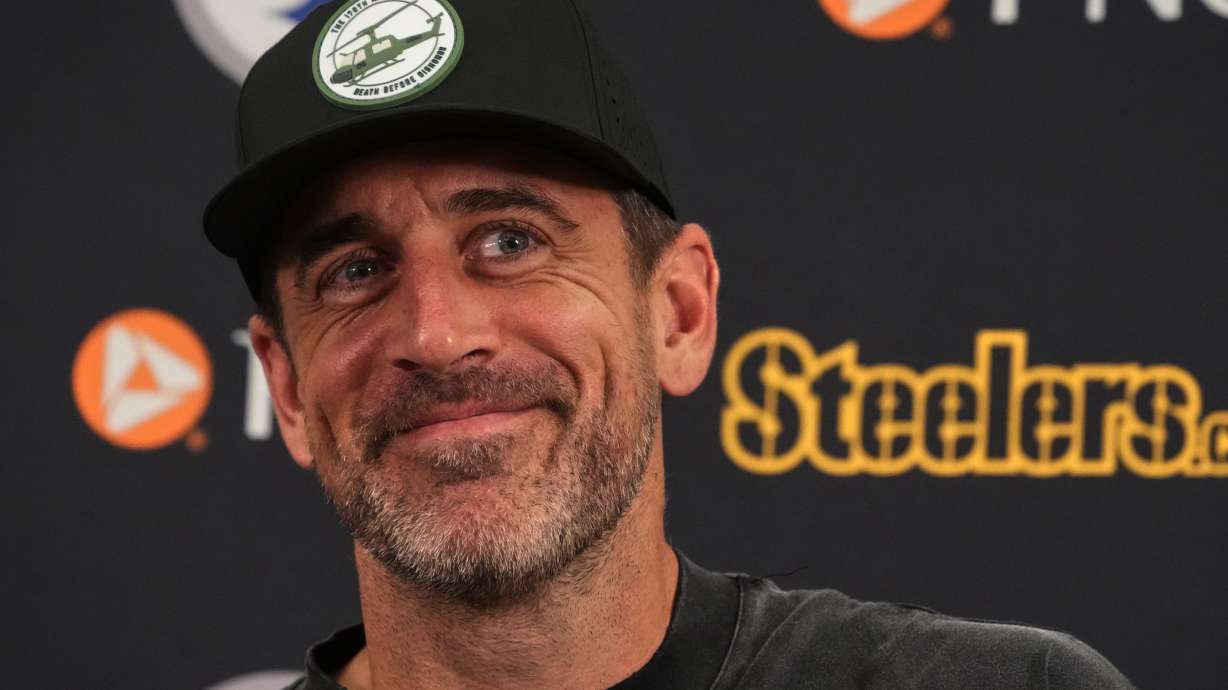 Pittsburgh Steelers quarterback Aaron Rodgers meets with reporters at the NFL football team's camp in Latrobe, Pa., Tuesday, July 28, 2026.
