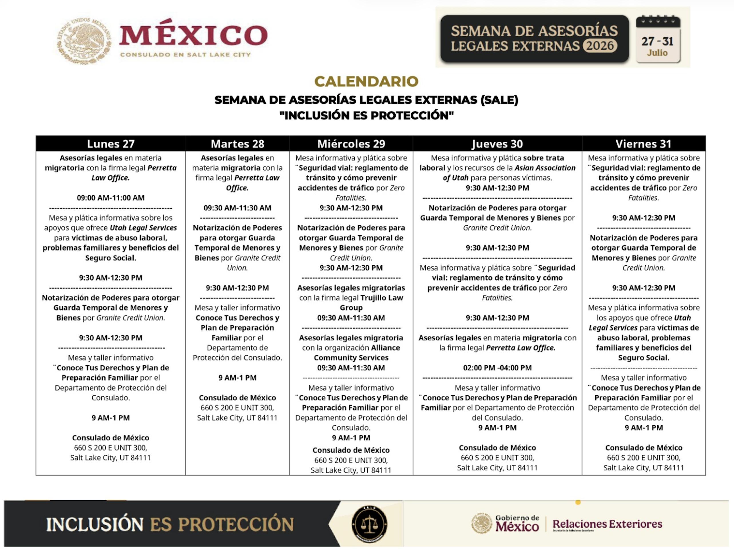 The Mexican Consulate in Salt Lake City will host information sessions through Friday geared to Mexican immigrants. The document shows the varied sessions, in Spanish.