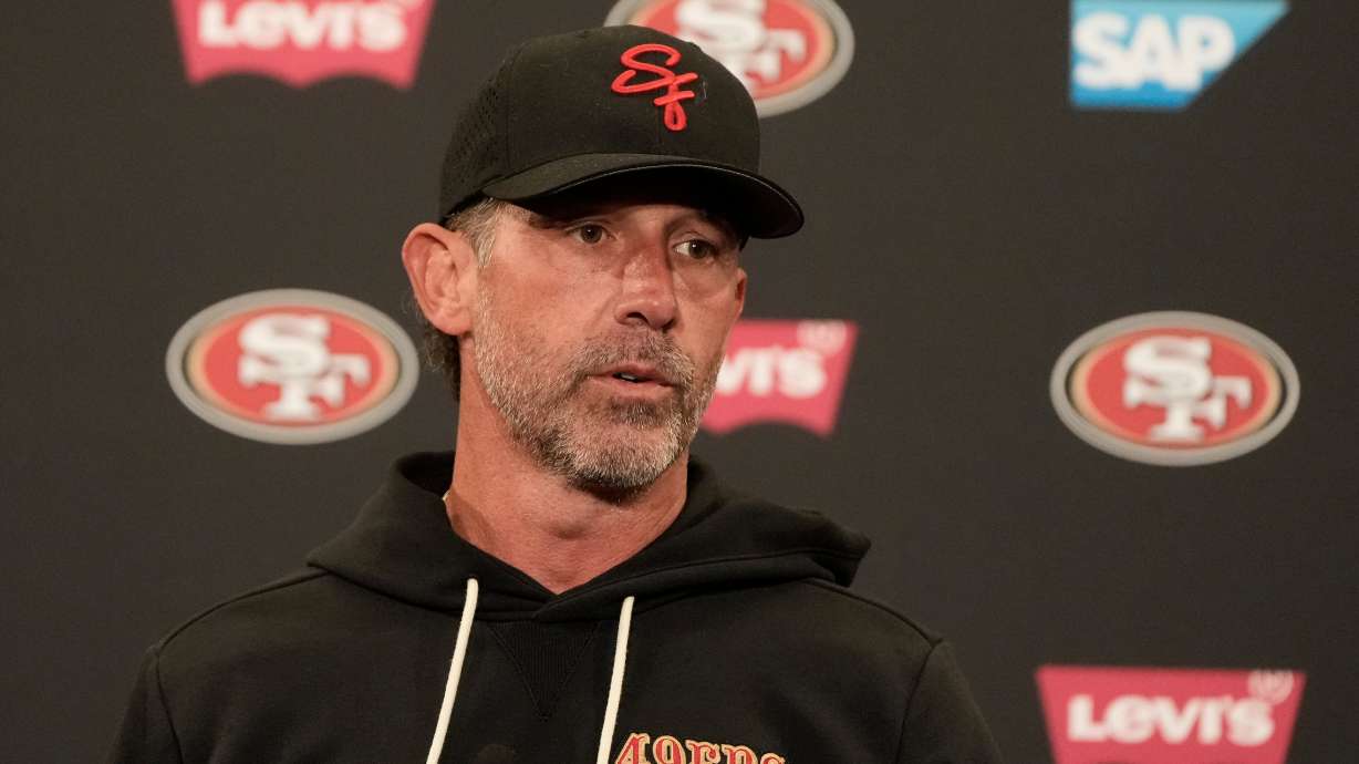 FILE - San Francisco 49ers head coach Kyle Shanahan speaks at a news conference after an NFL football practice Thursday, May 28, 2026, in Santa Clara, Calif.