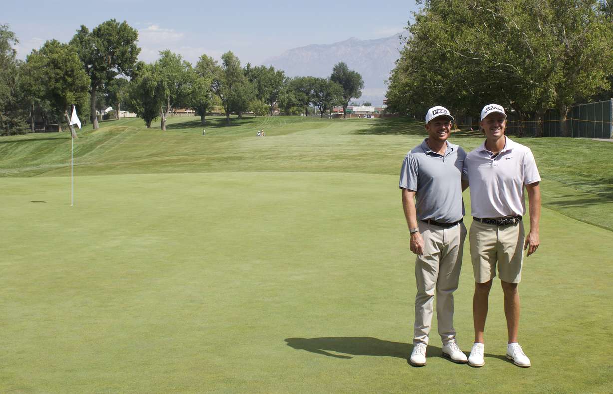 Former Weber High golfer Connor Howe and University of Utah alum Mitchell Schow on the No. 2 green during a practice round, Tuesday, July 28, 2026 at the Korn Ferry Tour's Utah Championship at Ogden Golf and Country Club.