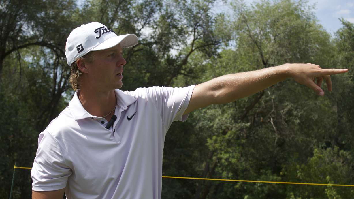 Former Weber High golfer Connor Howe gestures during a practice round, Tuesday, July 28, 2026 at the Korn Ferry Tour's Utah Championship at Ogden Golf and Country Club.