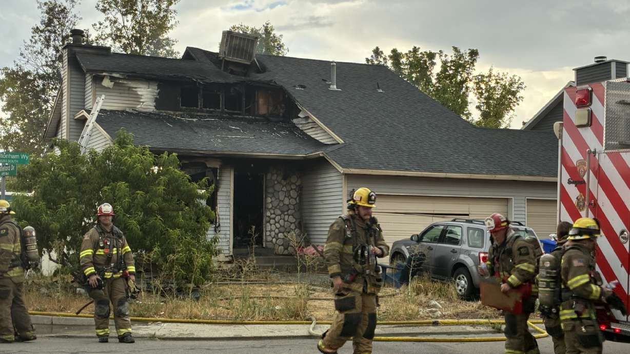 A home in West Jordan is pictured after it caught fire on Tuesday. A home in West Jordan is a complete loss after a fire Tuesday afternoon. No injuries were reported.