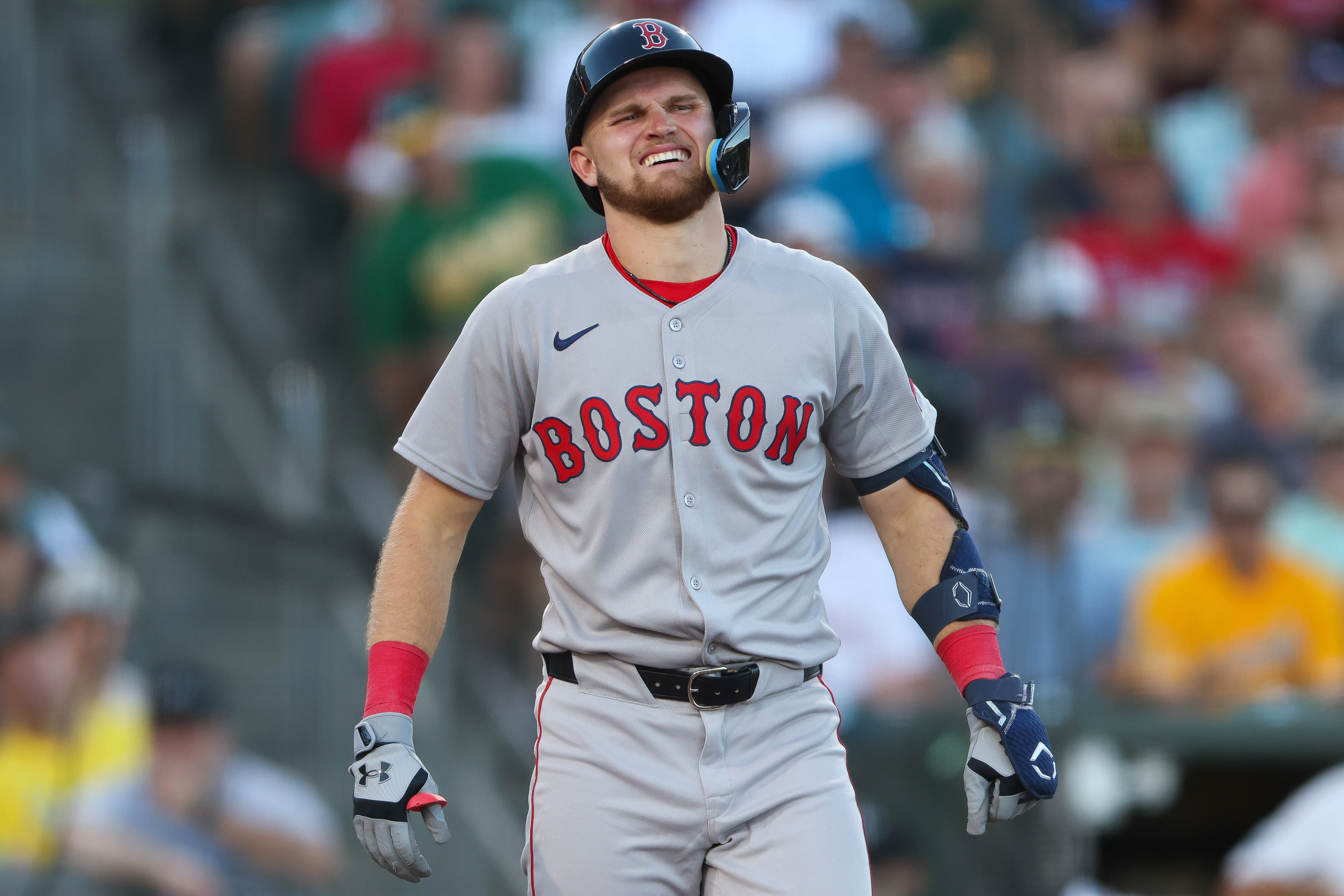 Boston Red Sox's Curtis Mead reacts after being hit by a pitch during the fourth inning of a baseball game against the Athletics, Monday, July 27, 2026, in West Sacramento, Calif. 