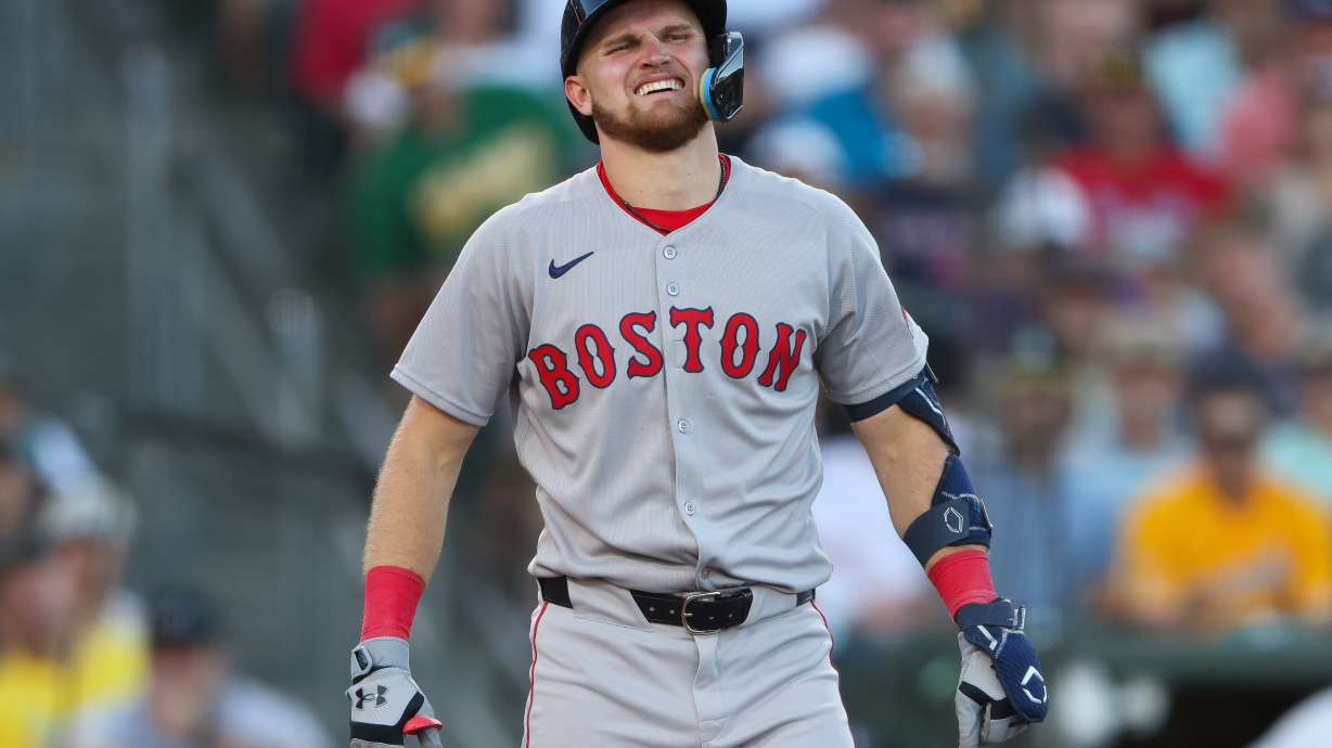 Boston Red Sox's Curtis Mead reacts after being hit by a pitch during the fourth inning of a baseball game against the Athletics, Monday, July 27, 2026, in West Sacramento, Calif.